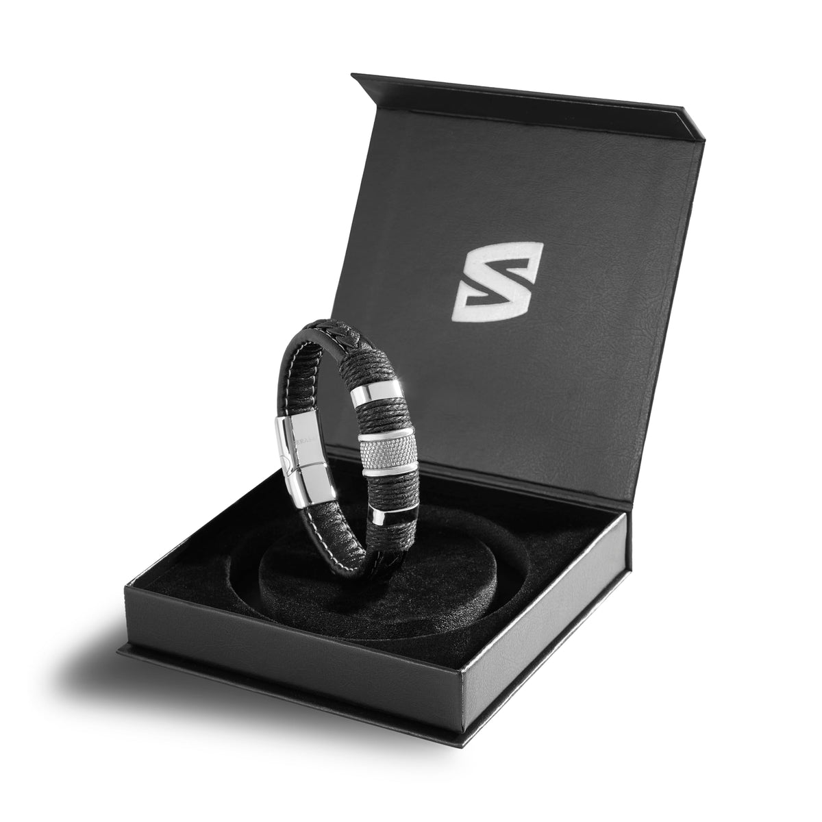 SERASAR - Bracciale da uomo in pelle di alta qualità, con chiusura magnetica in acciaio inox, nero, argento e oro, con scatola per gioielli, ottima idea regalo
