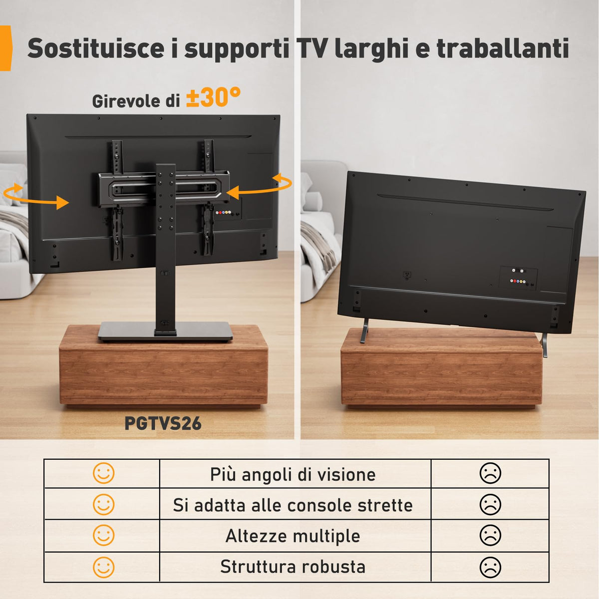 Supporto Girevole da Tavolo per TV da 26-60 Pollici - Piedistallo per TV Regolabile in Altezza con Base in Vetro Temperato, VESA Max 400x400mm, Fino a 40 kg