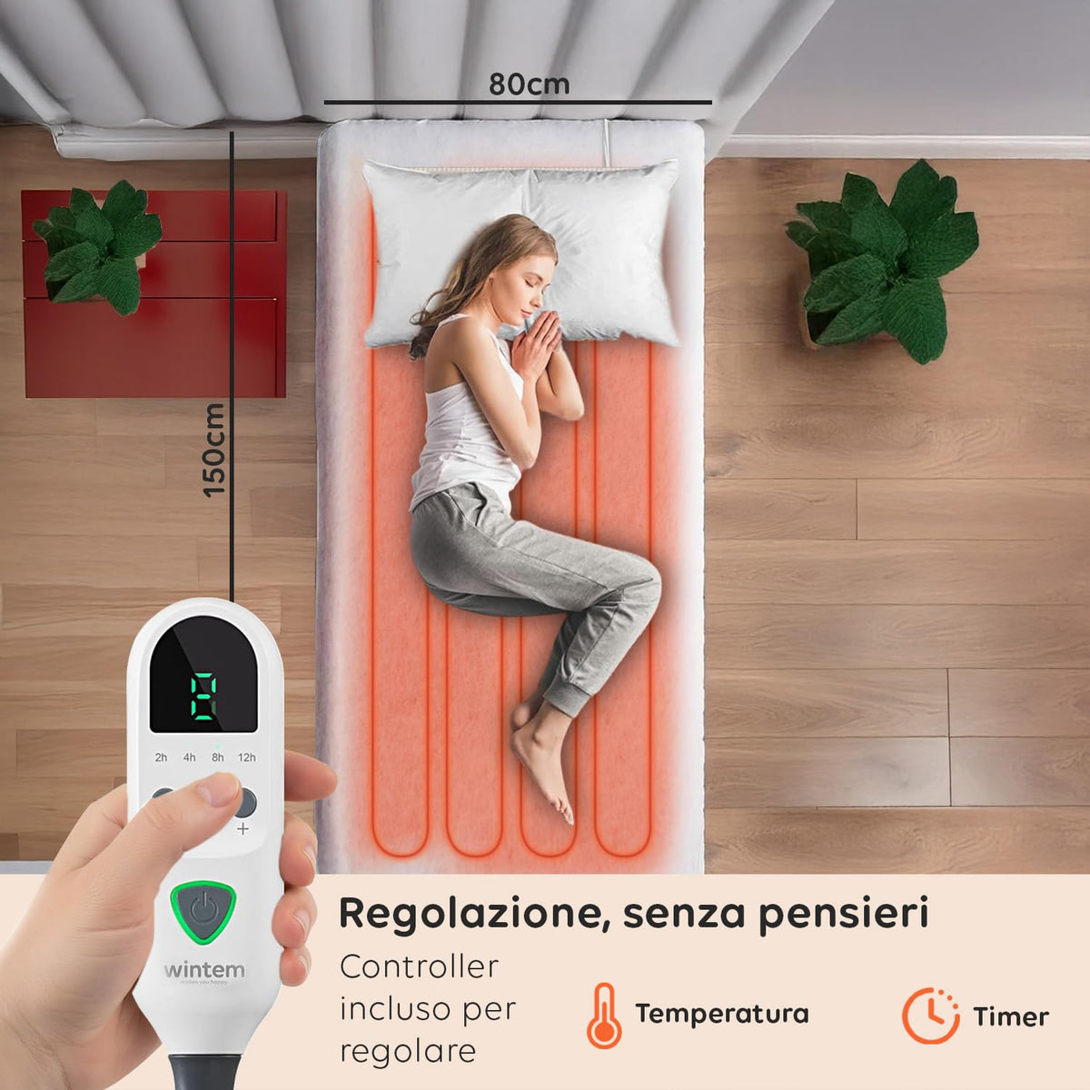 Wintem - Comfy+ Coprimaterasso Elettrico Matrimoniale 160x140cm - Scaldaletto con 4 Livelli di Temperatura - Coperta Elettrica Riscaldante in Poliestere - Timer 8h - Sicurezza Anti-Surriscaldamento