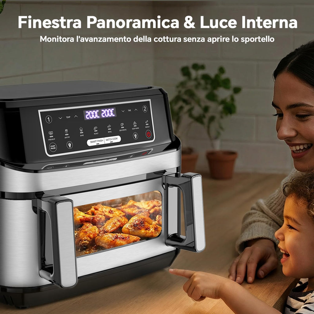 Friggitrice ad Aria 12L | Friggitrice Aria XXL Modalità Flessibile 1 o 2 Zone, 2600W Doppia Resistenza Controllo Indipendente Finestra & Luce Interna, Air Fryer Grande 8-in-1 Touch Control Ricettario