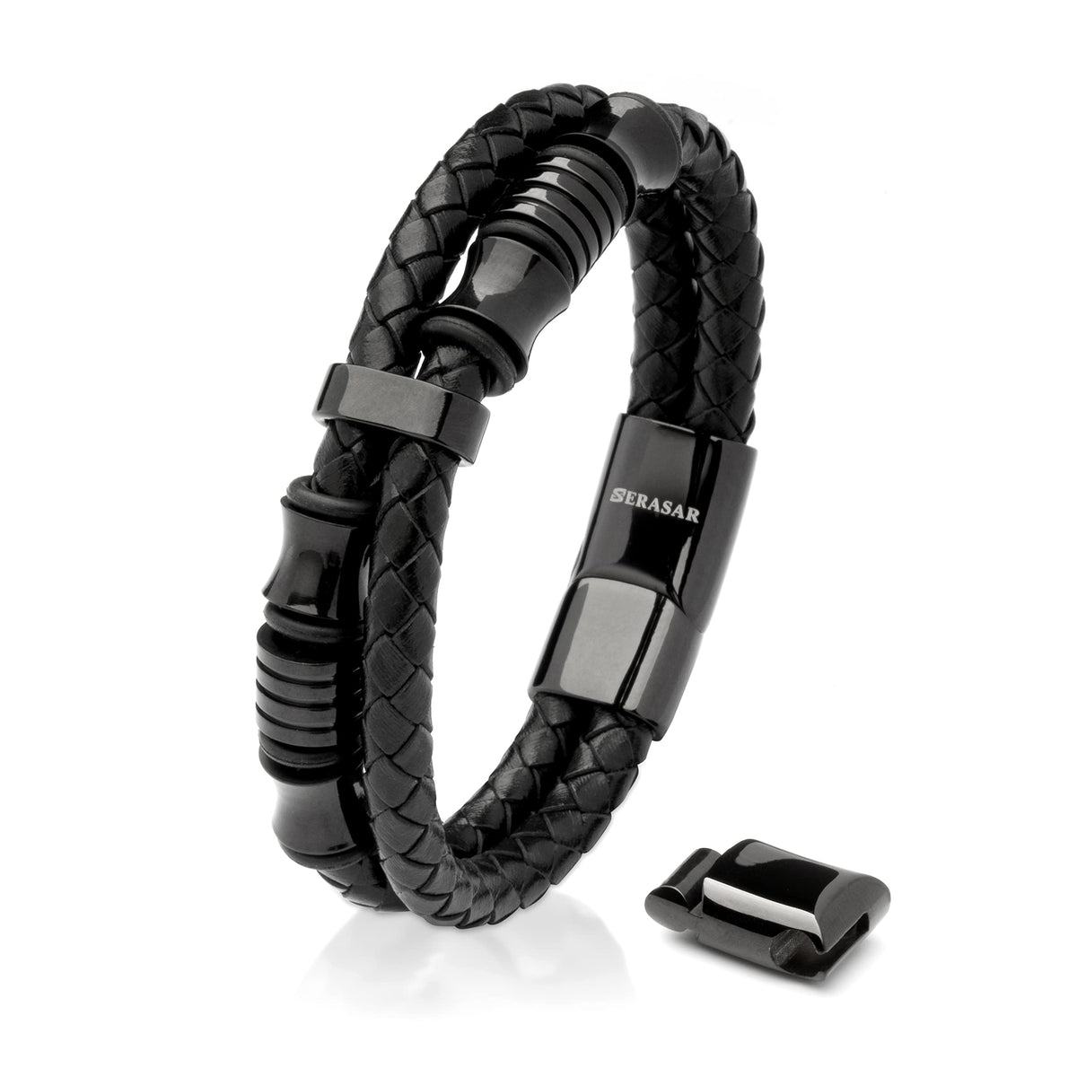 SERASAR - Bracciale da uomo in pelle di alta qualità, con chiusura magnetica in acciaio inox, nero, argento e oro, con scatola per gioielli, ottima idea regalo