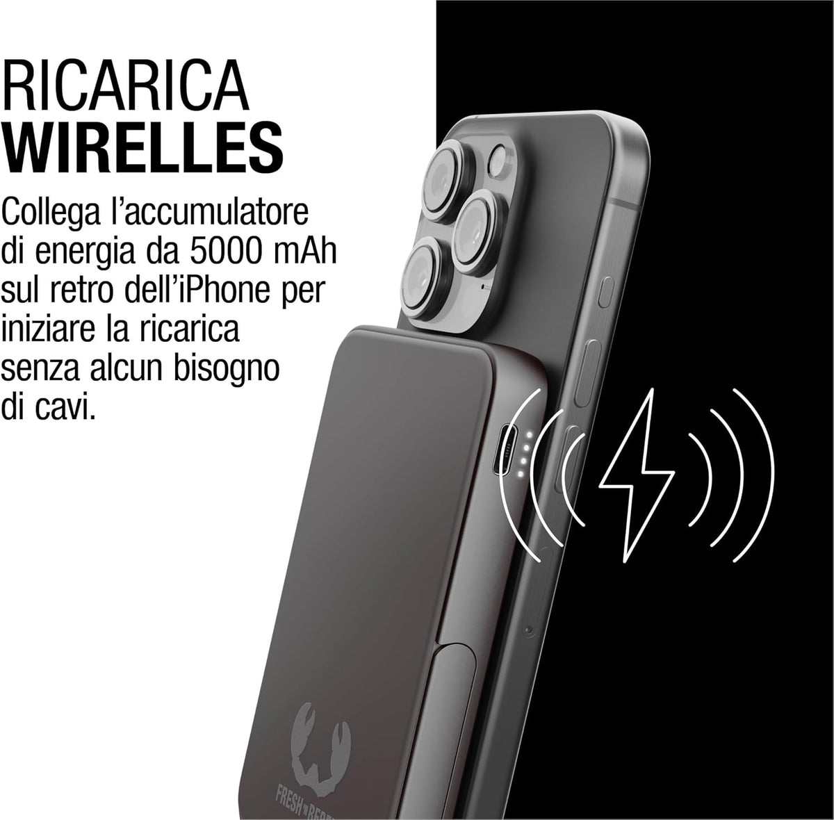 Fresh 'n Rebel Powerbank Magnetico Senza Fili 5000mAh, compatibile con MagSafe, Ricarica Rapida PD 20W, porta USB-C (in/Out), per iPhone 17/16/15/14/13/12, Portatile, con Supporto (Storm Grey)