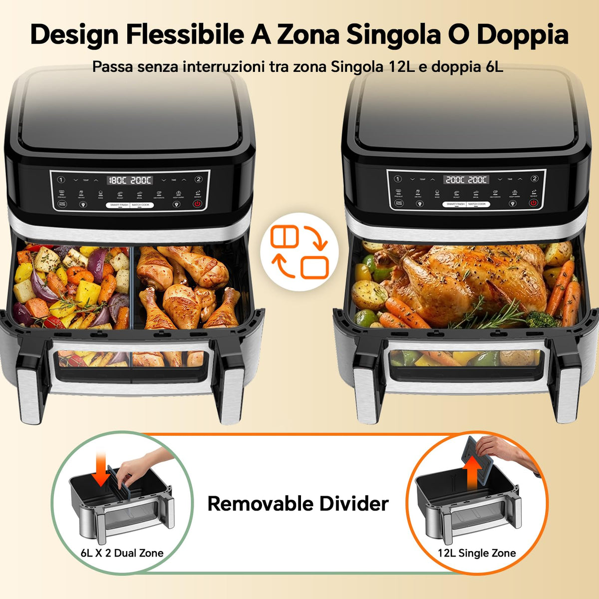 Friggitrice ad Aria 12L | Friggitrice Aria XXL Modalità Flessibile 1 o 2 Zone, 2600W Doppia Resistenza Controllo Indipendente Finestra & Luce Interna, Air Fryer Grande 8-in-1 Touch Control Ricettario