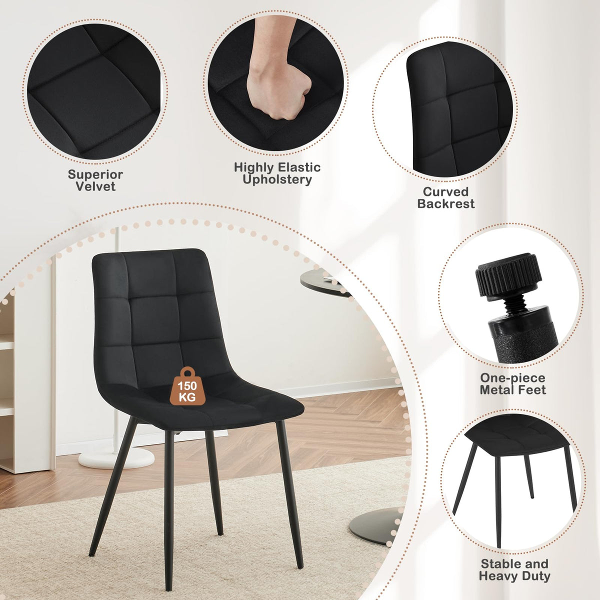 EUGAD Sedie Sala da Pranzo da 4 Pezzi, Sedia in Velluto con Gambe in Metallo, per Camera da Letto, Soggiorno, Grigio Scuro
