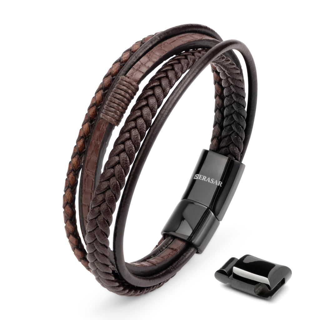 SERASAR Bracciale Uomo Pelle Nera/Marrone, 3 Misure, con Confezione Regalo