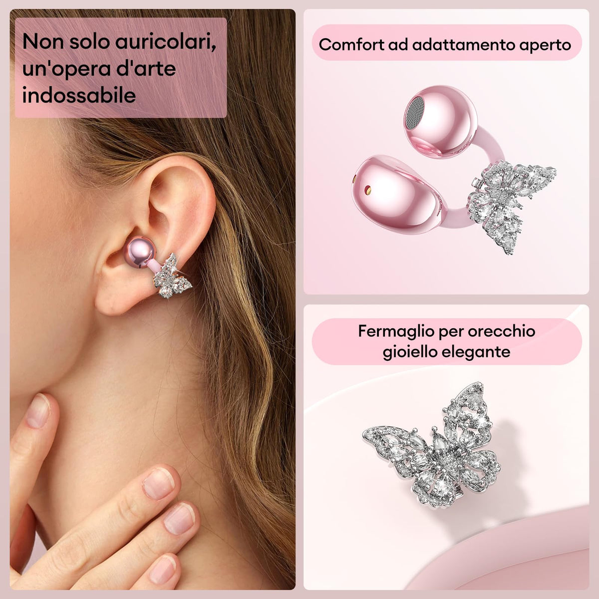 ZOMBIES CAT Auricolari Open Ear Clip-on con Schermo Touch Intelligente – Cuffie Bluetooth 5.4, Audio HiFi, Controllo Musicale & Volume, Auricolari Bluetooth per Sport,M100 Nero