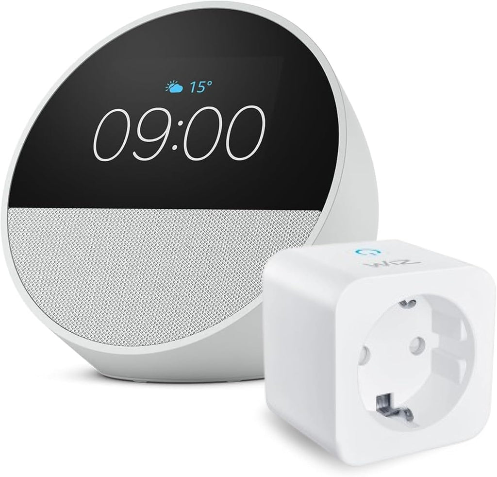 Amazon Echo Spot (Ultimo modello) | Bianco + WiZ Presa intelligente, compatibile con Alexa - Kit di base per Casa Intelligente