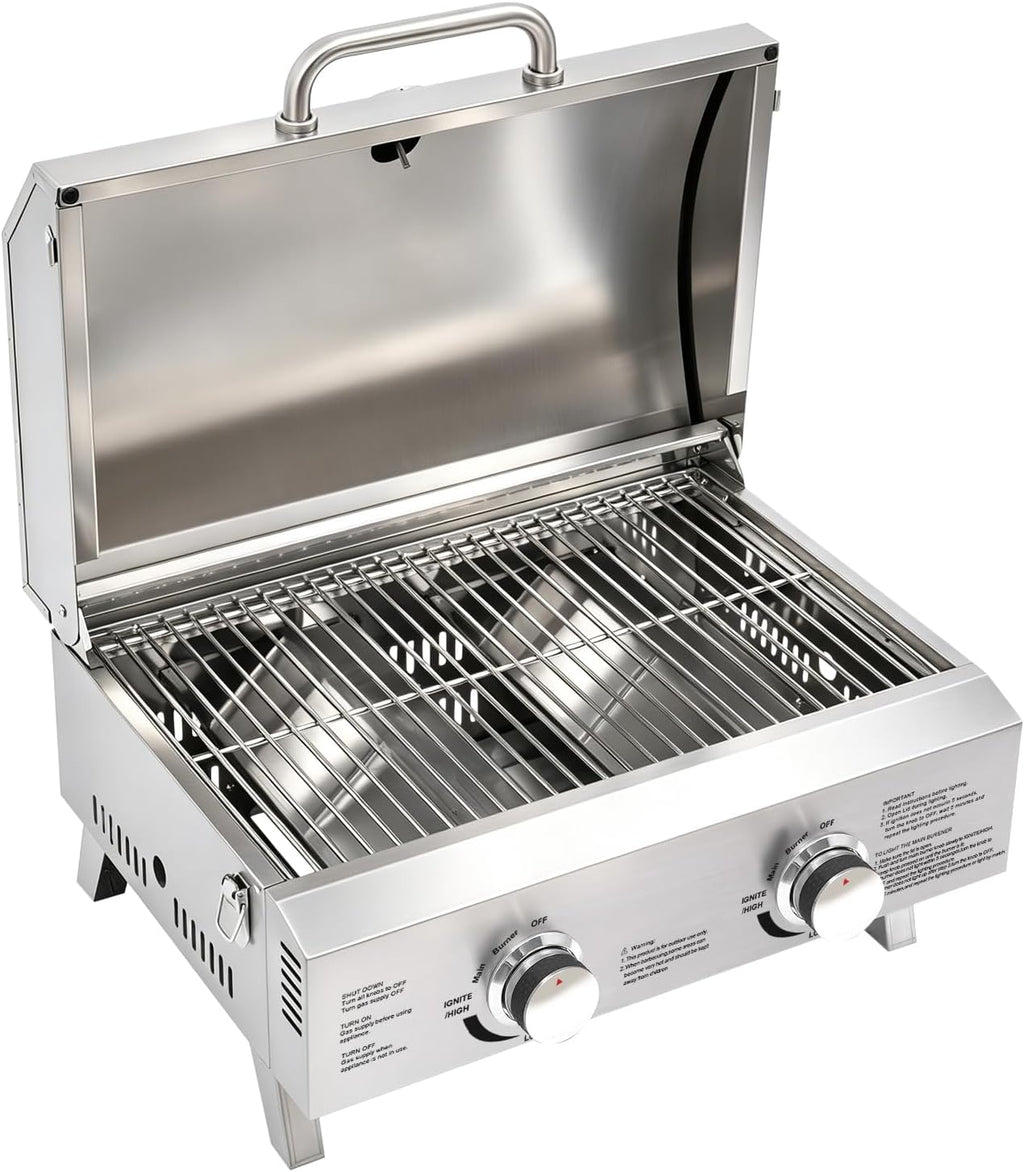 Barbecue a gas da tavolo a 2 bruciatori in acciaio inox, barbecue a gas portatile con termometro, accensione piezoelettrica, piedini pieghevoli per balcone, giardino, campeggio, barbecue, picnic