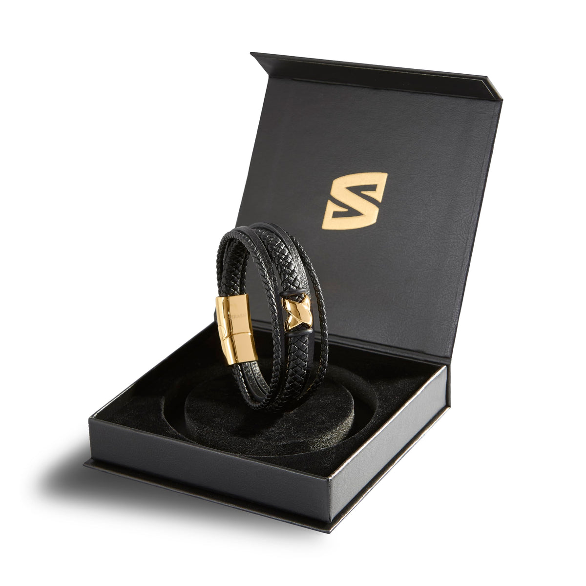 SERASAR - Bracciale da uomo in pelle di alta qualità, con chiusura magnetica in acciaio inox, nero, argento e oro, con scatola per gioielli, ottima idea regalo