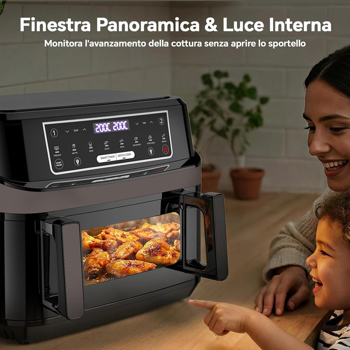 Friggitrice ad Aria 12L | Friggitrice Aria XXL Modalità Flessibile 1 o 2 Zone, 2600W Doppia Resistenza Controllo Indipendente Finestra & Luce Interna, Air Fryer Grande 8-in-1 Touch Control Ricettario