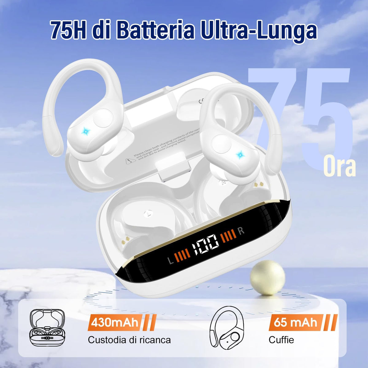 Qecnato Cuffie Bluetooth Senza Fili, Auricolari Bluetooth 5.4 con Stereo HiFi, 75 Ore, Auricolari con 4 ENC Mic, Display LED, IP7 impermeabili Cuffiette Wireless per Jogging, Lavoro, Nero