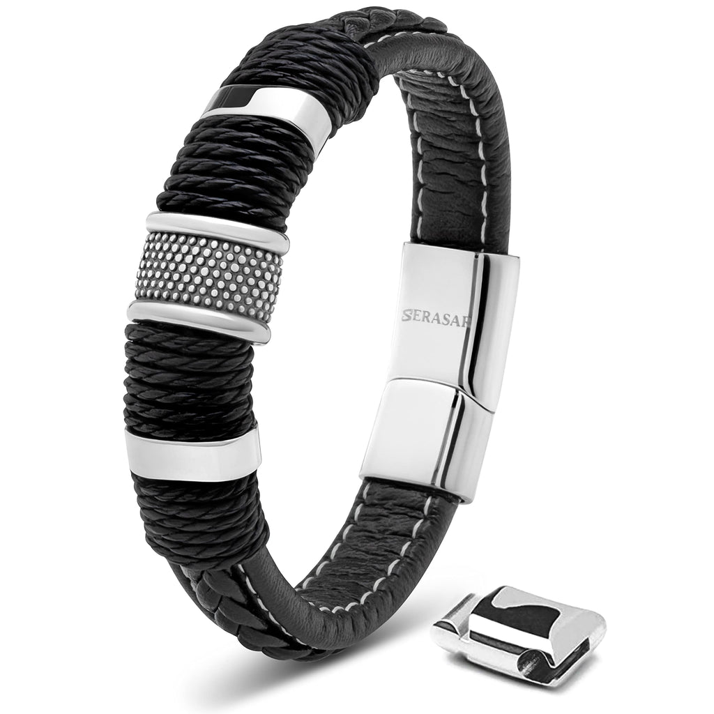 SERASAR - Bracciale da uomo in pelle di alta qualità, con chiusura magnetica in acciaio inox, nero, argento e oro, con scatola per gioielli, ottima idea regalo