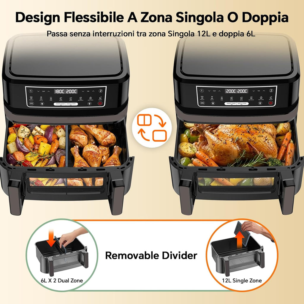 Friggitrice ad Aria 12L | Friggitrice Aria XXL Modalità Flessibile 1 o 2 Zone, 2600W Doppia Resistenza Controllo Indipendente Finestra & Luce Interna, Air Fryer Grande 8-in-1 Touch Control Ricettario