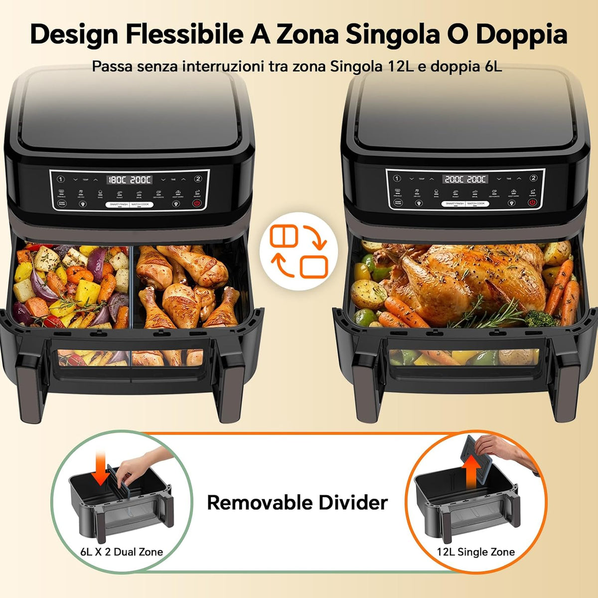 Friggitrice ad Aria 12L | Friggitrice Aria XXL Modalità Flessibile 1 o 2 Zone, 2600W Doppia Resistenza Controllo Indipendente Finestra & Luce Interna, Air Fryer Grande 8-in-1 Touch Control Ricettario