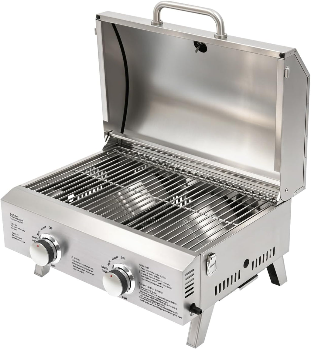 Barbecue a gas da tavolo a 2 bruciatori in acciaio inox, barbecue a gas portatile con termometro, accensione piezoelettrica, piedini pieghevoli per balcone, giardino, campeggio, barbecue, picnic