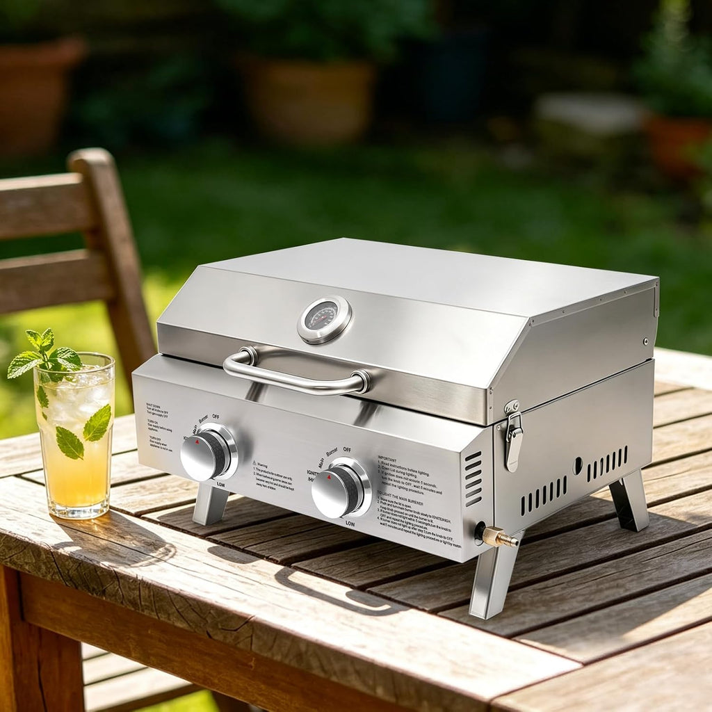 Barbecue a gas da tavolo a 2 bruciatori in acciaio inox, barbecue a gas portatile con termometro, accensione piezoelettrica, piedini pieghevoli per balcone, giardino, campeggio, barbecue, picnic