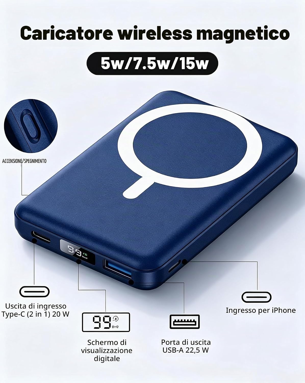 per Magsafe Powerbank 10000mAh,Power bank per iPhone con Supporto