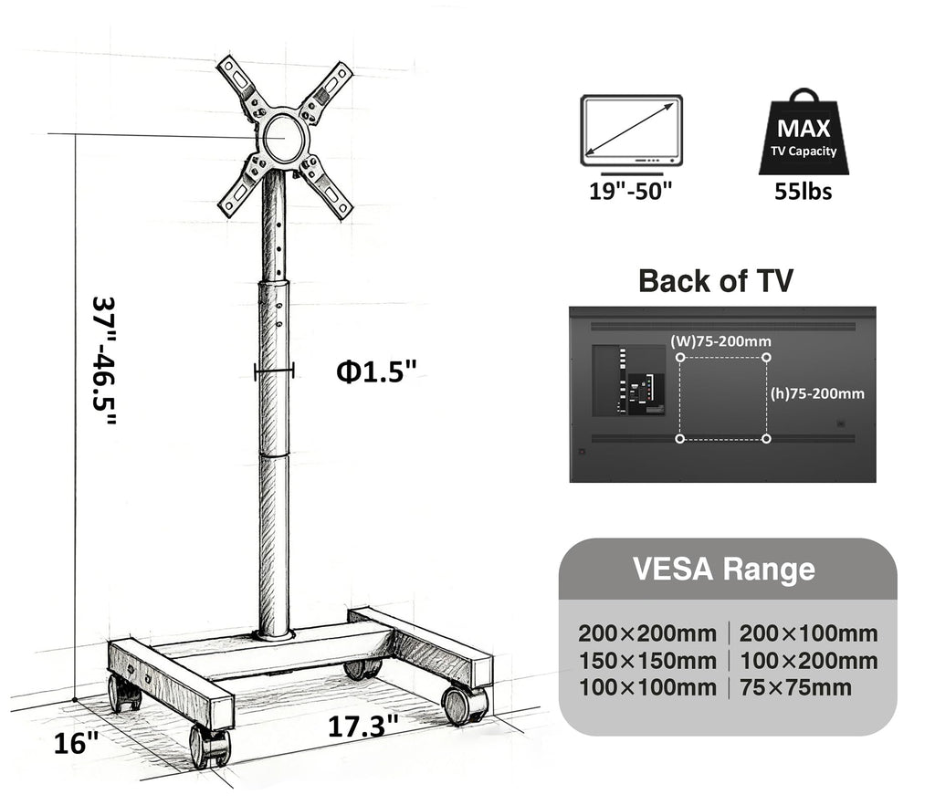 Supporto TV da Pavimento per Schermi Plasma/LCD/LED 23-60 Pollici con Ruote, Carrello Staffa Porta Mobile Supporto TV Fino a 40 kg, Max VESA 400 x 400 mm