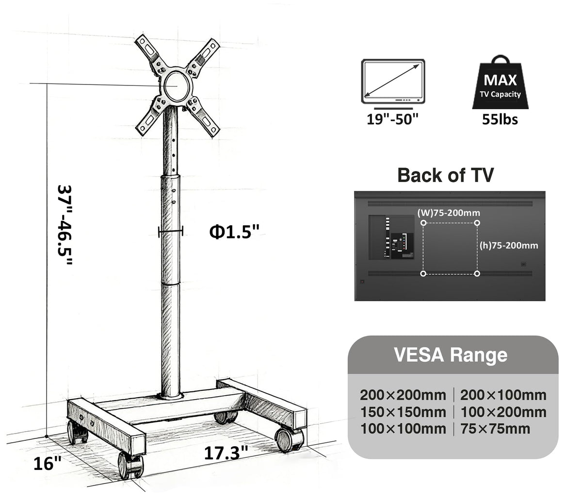 Supporto TV da Pavimento per Schermi Plasma/LCD/LED 23-60 Pollici con Ruote, Carrello Staffa Porta Mobile Supporto TV Fino a 40 kg, Max VESA 400 x 400 mm