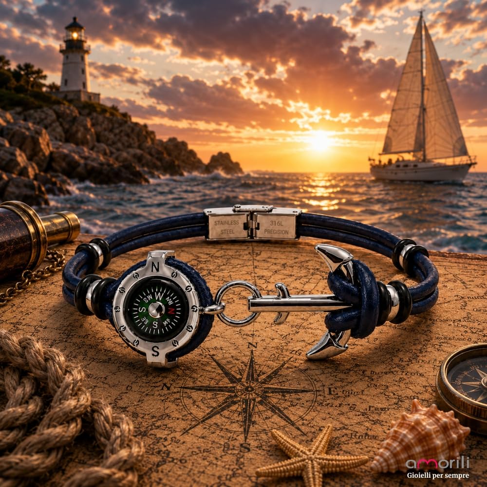 Bracciale Uomo con Bussola Ancora in Acciaio Inox e Pelle – Simbolo Nautico Marino – Idea Regalo Mare Estate – Braccialetto Elegante
