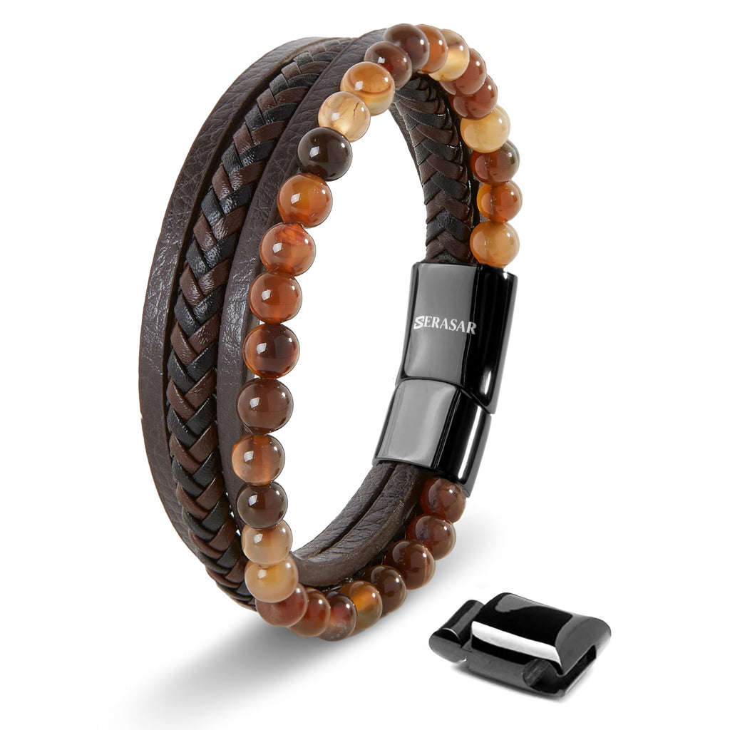 SERASAR Bracciale Uomo Pelle Nera/Marrone, 3 Misure, con Confezione Regalo