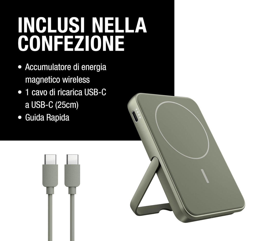 Fresh 'n Rebel Powerbank Magnetico Senza Fili 5000mAh, compatibile con MagSafe, Ricarica Rapida PD 20W, porta USB-C (in/Out), per iPhone 17/16/15/14/13/12, Portatile, con Supporto (Storm Grey)