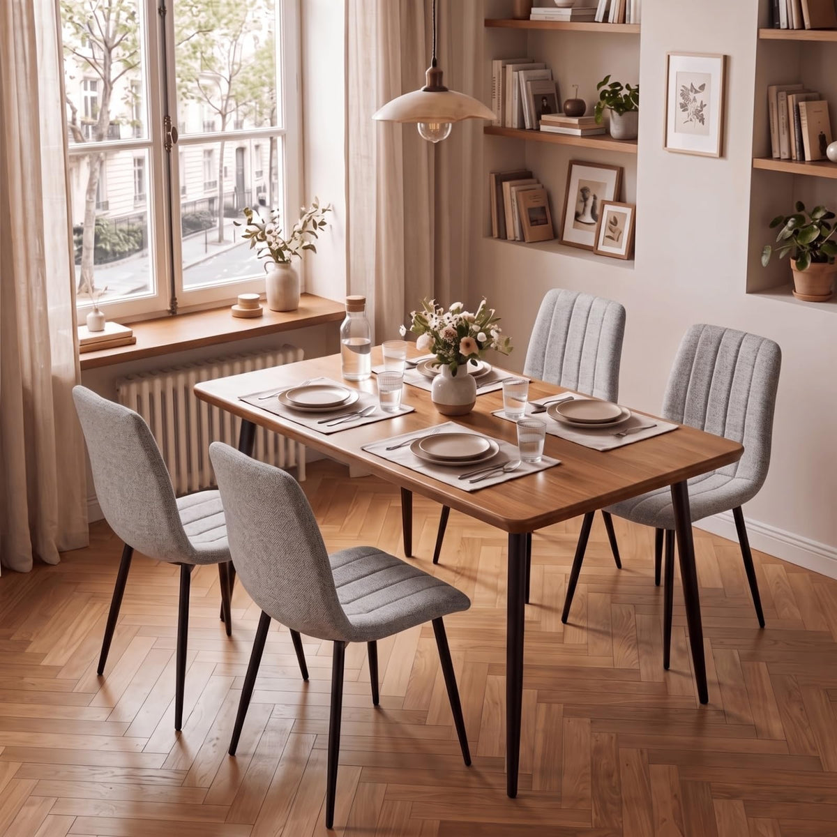 Set di 4 Sedie Da Pranzo,Tessuto di Lino Traspirante,Grigio