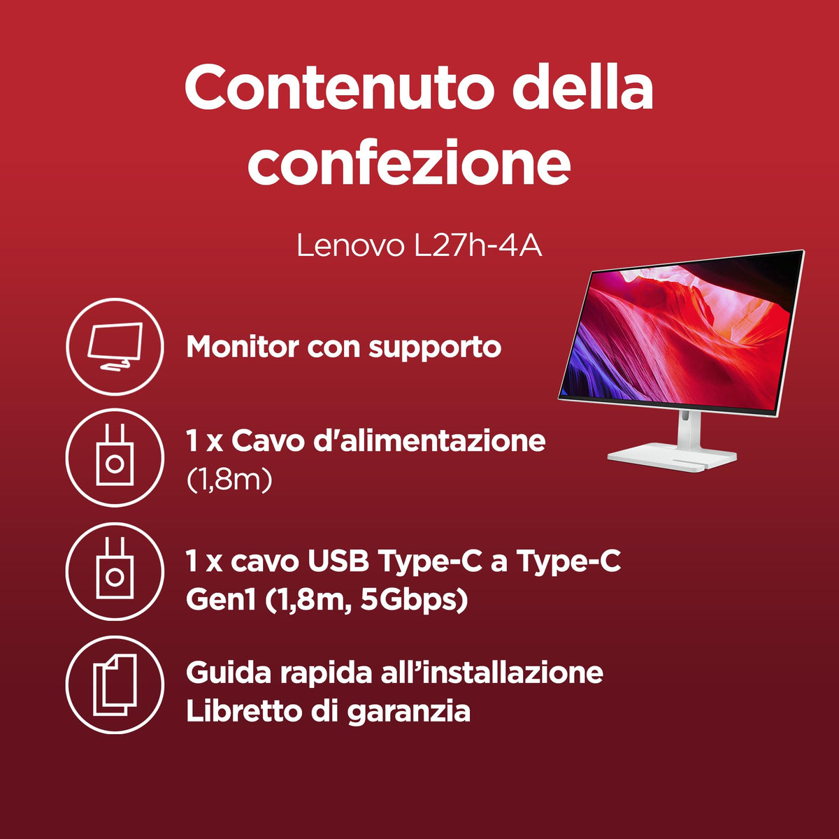 Lenovo L27-45 Monitor IPS 27" Full HD, 144Hz, 1ms, Altoparlanti integrati, HDMI e VGA, Ideale per Gaming, Studio e Home Office, VESA 100x100mm, AMD FreeSync, Inclinazione Regolabile