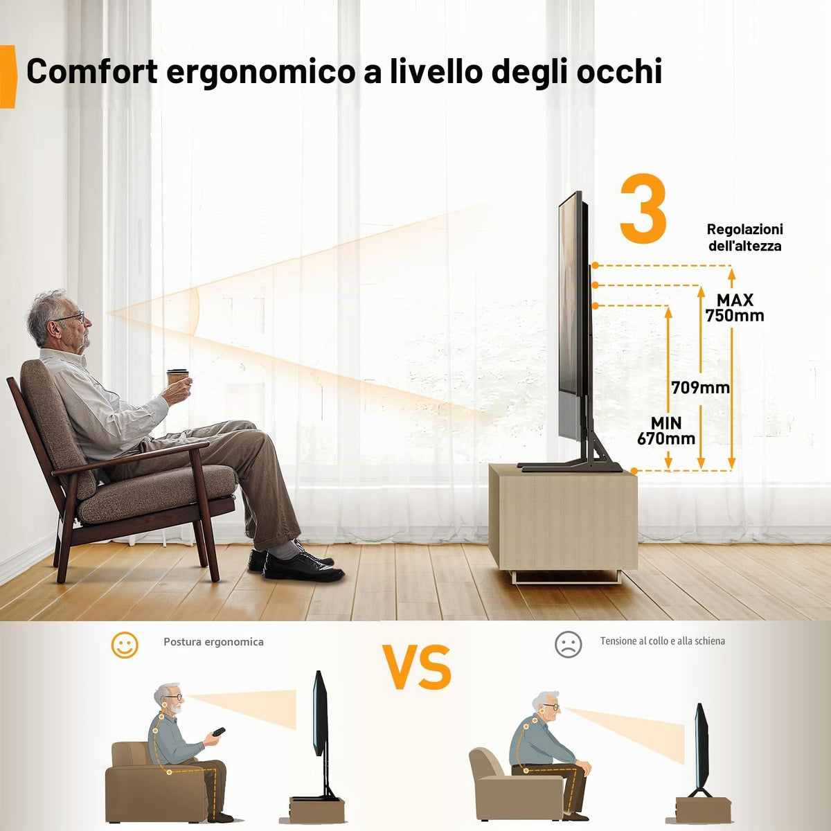 Supporto Girevole da Tavolo per TV da 26-60 Pollici - Piedistallo per TV Regolabile in Altezza con Base in Vetro Temperato, VESA Max 400x400mm, Fino a 40 kg