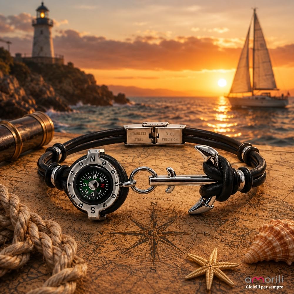 Bracciale Uomo con Bussola Ancora in Acciaio Inox e Pelle – Simbolo Nautico Marino – Idea Regalo Mare Estate – Braccialetto Elegante
