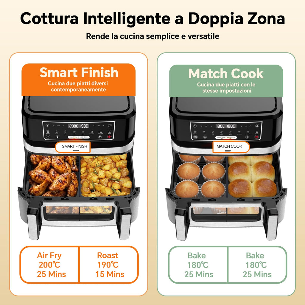 Friggitrice ad Aria 12L | Friggitrice Aria XXL Modalità Flessibile 1 o 2 Zone, 2600W Doppia Resistenza Controllo Indipendente Finestra & Luce Interna, Air Fryer Grande 8-in-1 Touch Control Ricettario