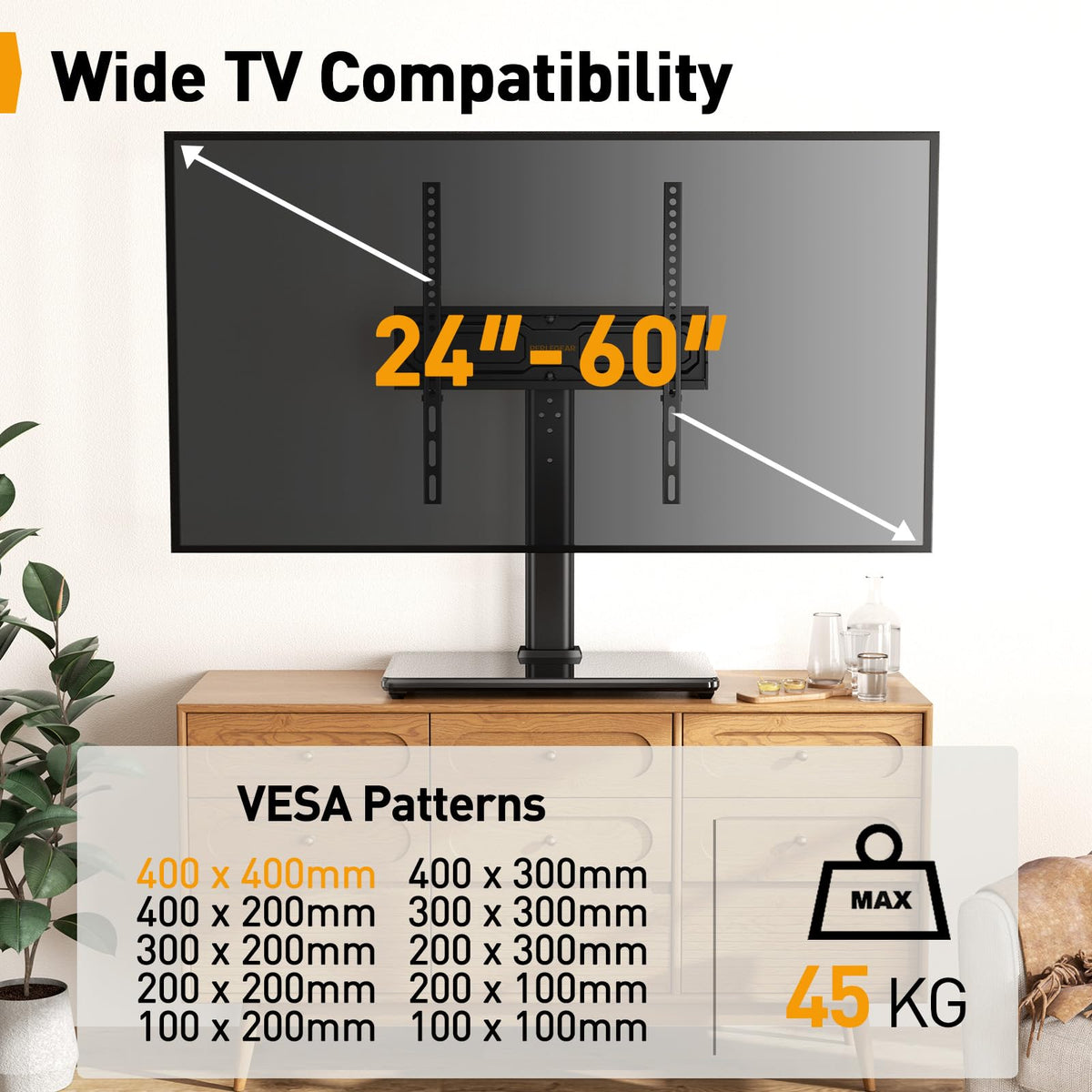 Supporto Girevole da Tavolo per TV da 26-60 Pollici - Piedistallo per TV Regolabile in Altezza con Base in Vetro Temperato, VESA Max 400x400mm, Fino a 40 kg