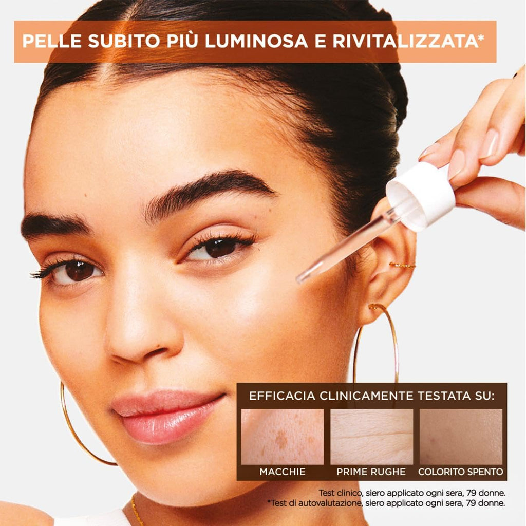 Garnier Siero Viso Vitamina C Anti-Macchie, Illuminante e Rimpolpante, Arricchito con Vitamina C, Niacinamide e Acido Salicilico, Pelle Libera dalle Macchie Scure in 6 Giorni, Incarnato Luminoso, 30ml