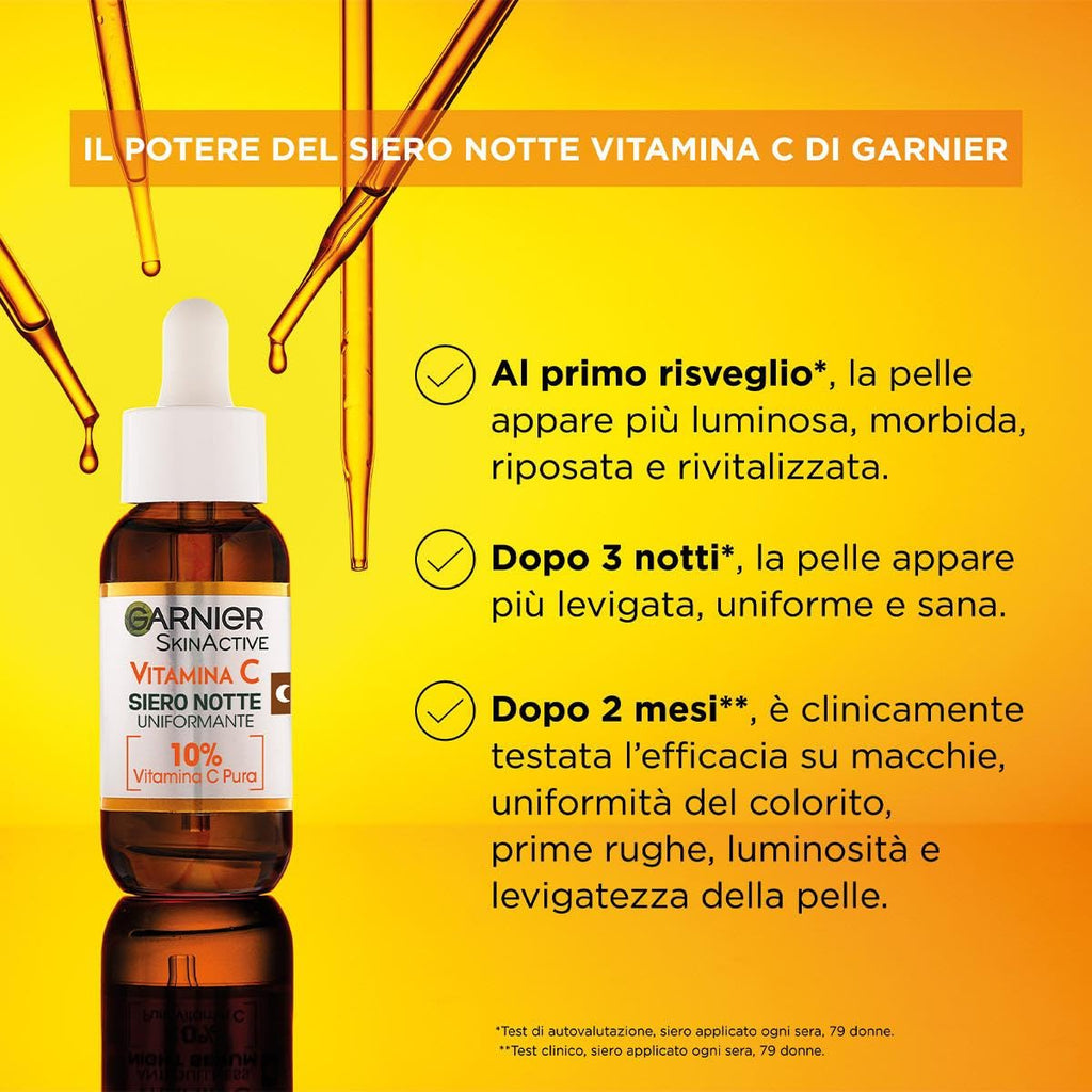 Garnier Siero Viso Vitamina C Anti-Macchie, Illuminante e Rimpolpante, Arricchito con Vitamina C, Niacinamide e Acido Salicilico, Pelle Libera dalle Macchie Scure in 6 Giorni, Incarnato Luminoso, 30ml