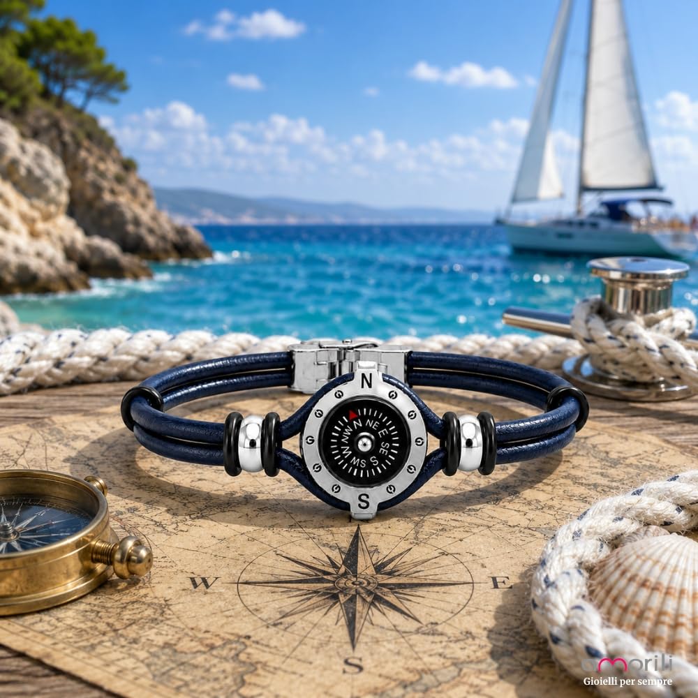 Bracciale Uomo con Bussola Ancora in Acciaio Inox e Pelle – Simbolo Nautico Marino – Idea Regalo Mare Estate – Braccialetto Elegante