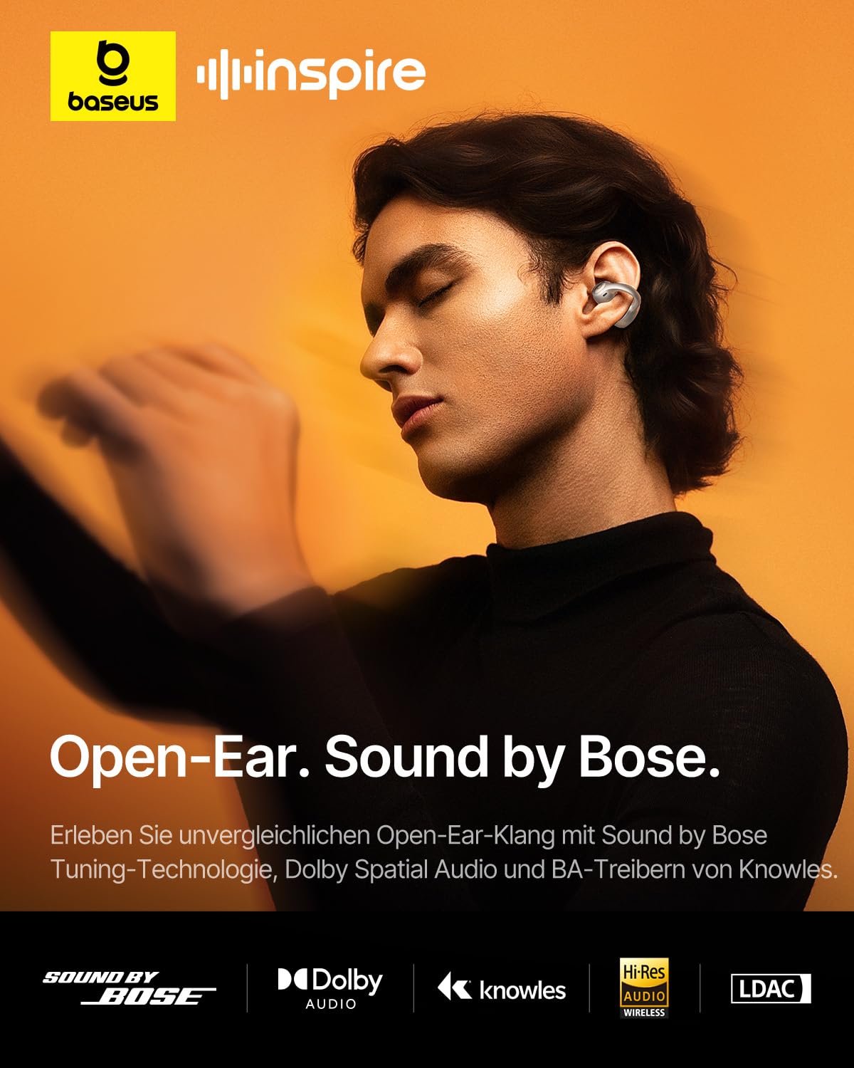 Baseus Inspire XC1 Cuffie Open-Ear Bluetooth, Sound by Bose, Nero Cosmico