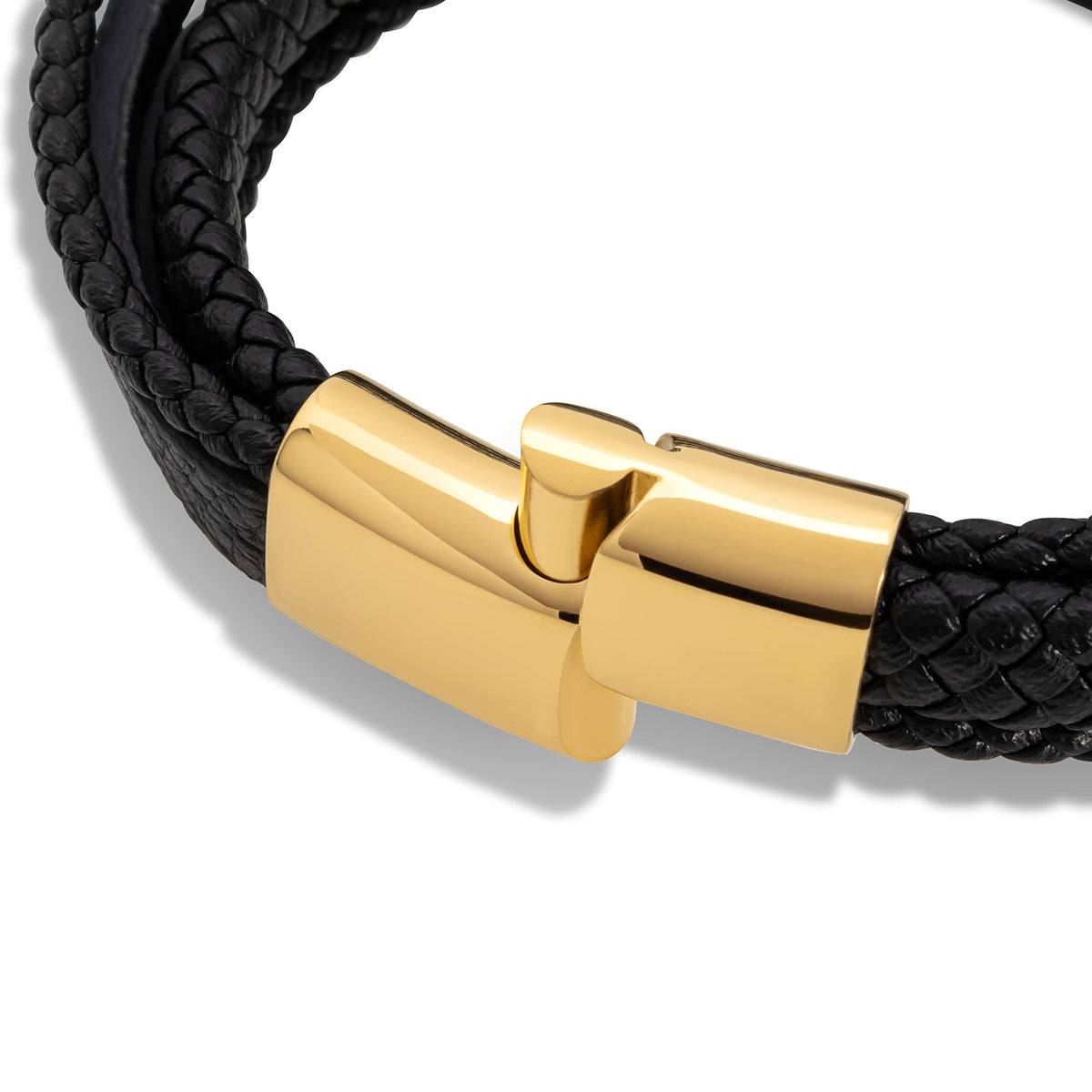 SERASAR - Bracciale da uomo in pelle di alta qualità, con chiusura magnetica in acciaio inox, nero, argento e oro, con scatola per gioielli, ottima idea regalo