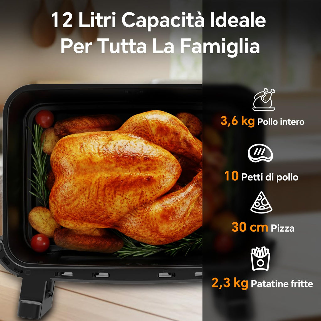 Friggitrice ad Aria 12L | Friggitrice Aria XXL Modalità Flessibile 1 o 2 Zone, 2600W Doppia Resistenza Controllo Indipendente Finestra & Luce Interna, Air Fryer Grande 8-in-1 Touch Control Ricettario