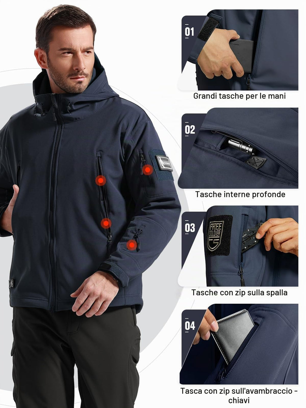 FREE SOLDIER Giacca Softshell Giacche Militari Softshell da Uomo Fodera in Pile da Esterno Giacca Antivento Impermeabile con Cappuccio Giacche tattiche Calde Multitasche per Escursioni di Caccia Uomo