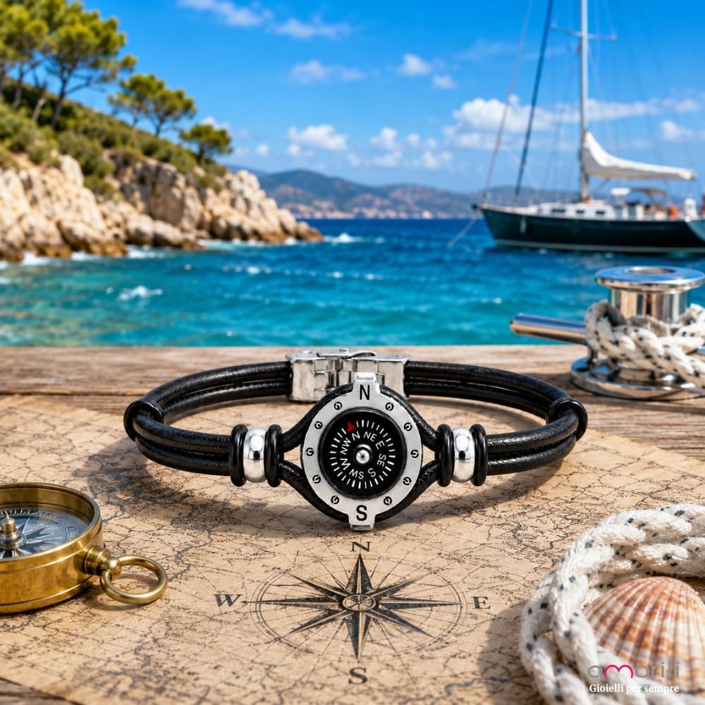Bracciale Uomo con Bussola Ancora in Acciaio Inox e Pelle – Simbolo Nautico Marino – Idea Regalo Mare Estate – Braccialetto Elegante