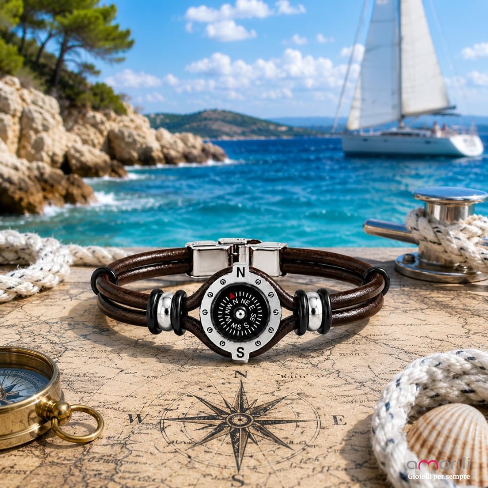 Bracciale Uomo con Bussola Ancora in Acciaio Inox e Pelle – Simbolo Nautico Marino – Idea Regalo Mare Estate – Braccialetto Elegante