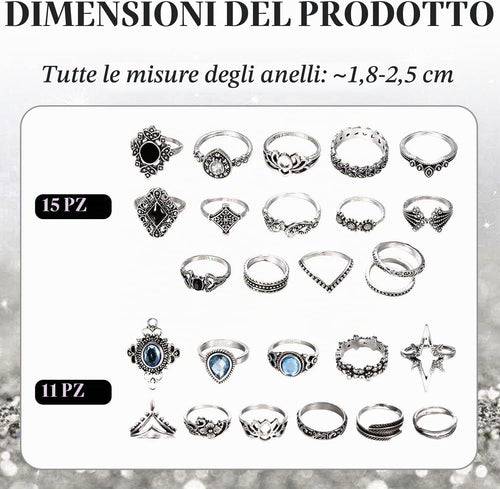 26 Parti di Anelli Gotici da Uomo e da Donna - Set di Gioielli in Argento con Vari Stili di Decorazioni