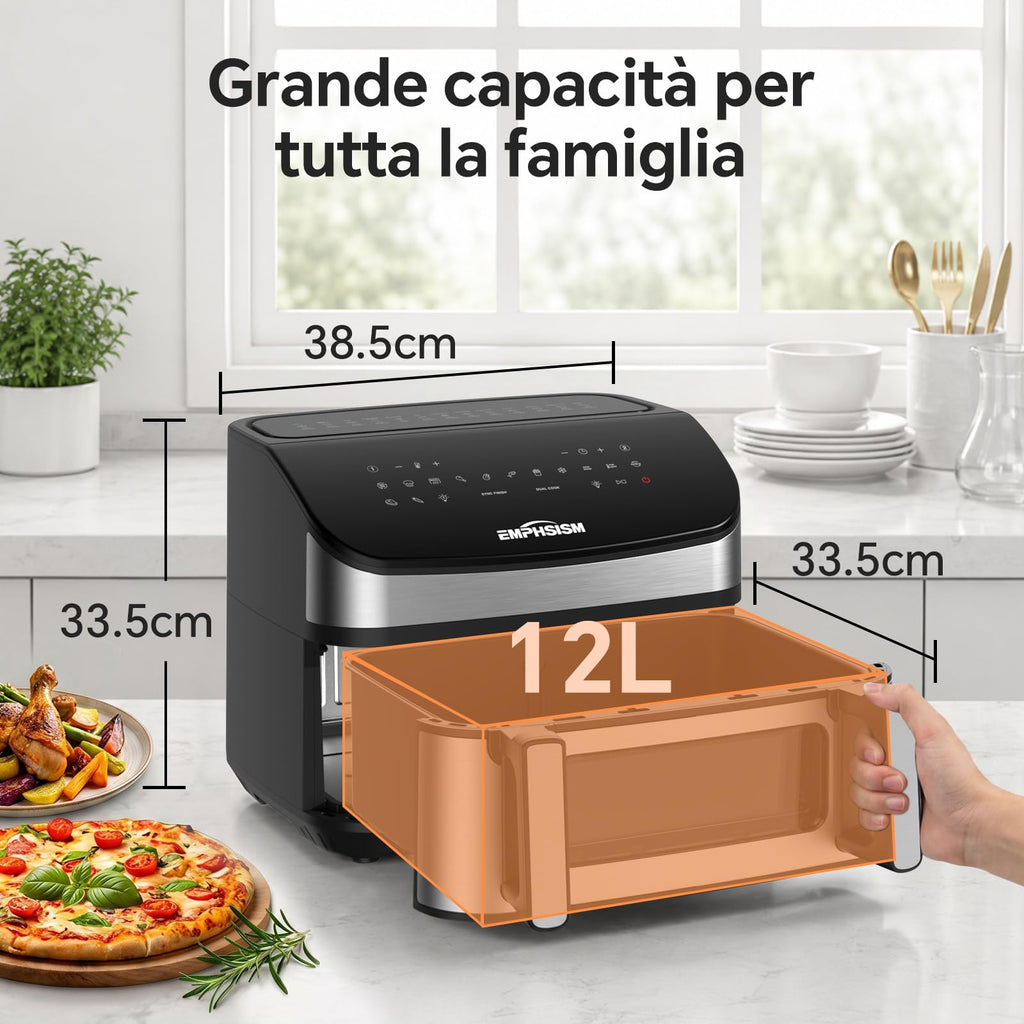 Friggitrice ad Aria 12L | Friggitrice Aria XXL Modalità Flessibile 1 o 2 Zone, 2600W Doppia Resistenza Controllo Indipendente Finestra & Luce Interna, Air Fryer Grande 8-in-1 Touch Control Ricettario