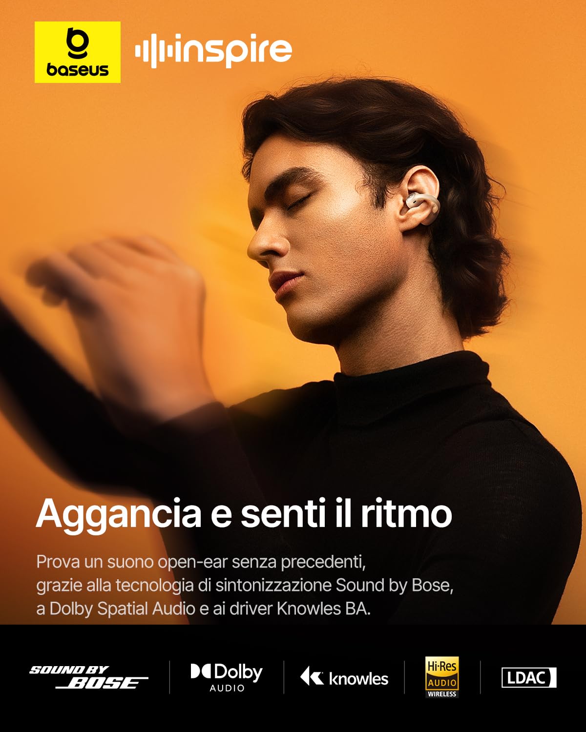 Baseus Inspire XC1 Cuffie Open-Ear Bluetooth, Sound by Bose, Nero Cosmico