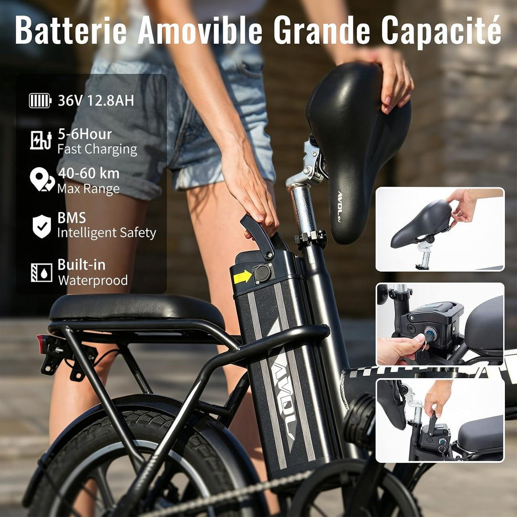 A10 Bici Elettrica, 16" Bicicletta Elettrica Pieghevole con Autonomia di 30-50 km, Batteria Rimovibile 36V 12.8Ah, 3 Modalità di Guida, Velocità 10/15/25 KM/H, E-Bike per Adulti e Adolescente-120kg