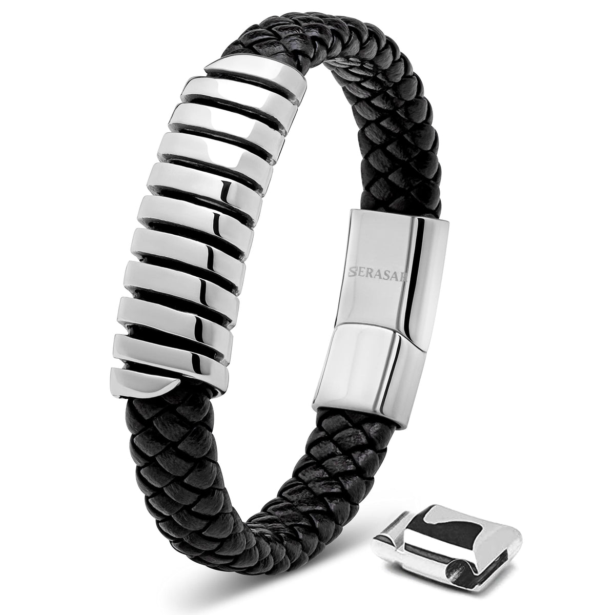 SERASAR - Bracciale da uomo in pelle di alta qualità, con chiusura magnetica in acciaio inox, nero, argento e oro, con scatola per gioielli, ottima idea regalo