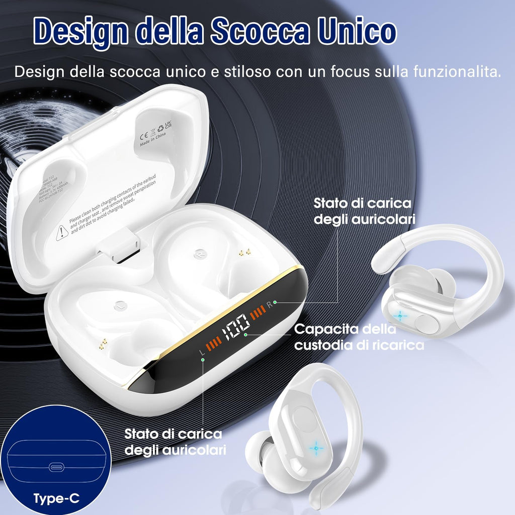 Qecnato Cuffie Bluetooth Senza Fili, Auricolari Bluetooth 5.4 con Stereo HiFi, 75 Ore, Auricolari con 4 ENC Mic, Display LED, IP7 impermeabili Cuffiette Wireless per Jogging, Lavoro, Nero