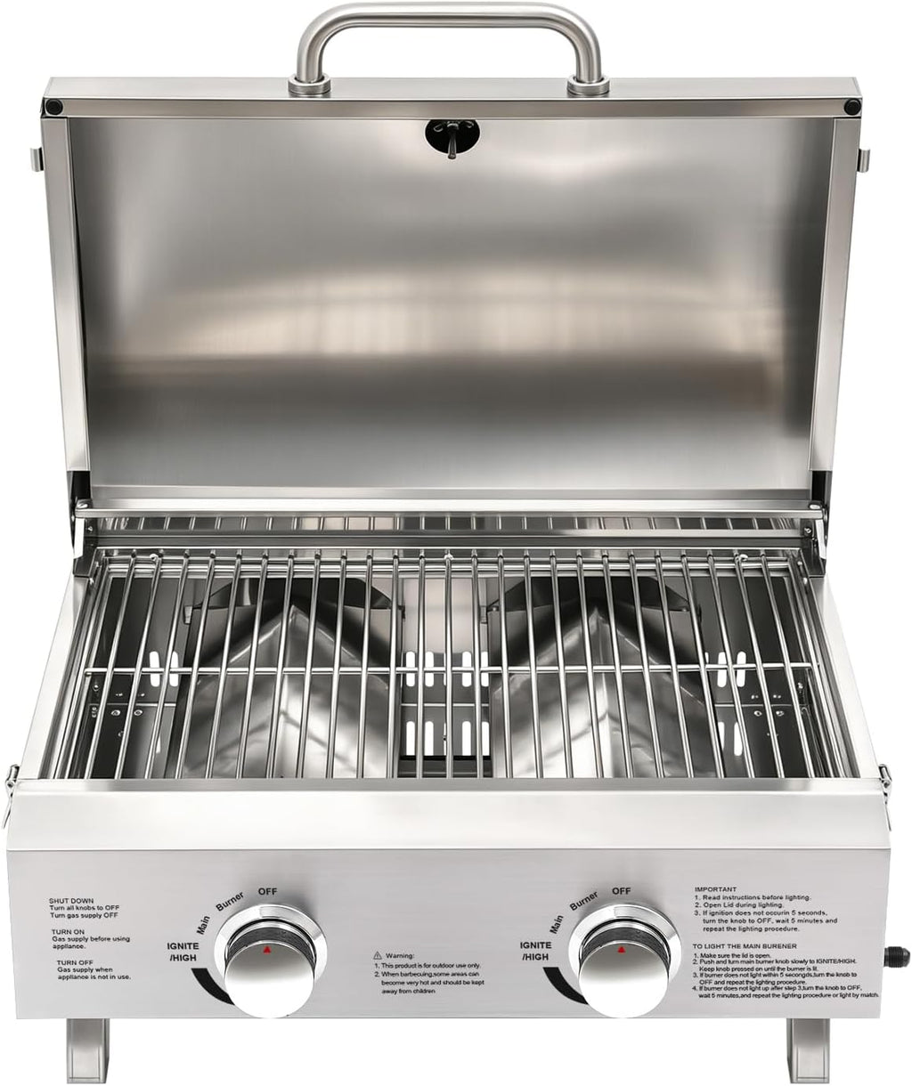 Barbecue a gas da tavolo a 2 bruciatori in acciaio inox, barbecue a gas portatile con termometro, accensione piezoelettrica, piedini pieghevoli per balcone, giardino, campeggio, barbecue, picnic