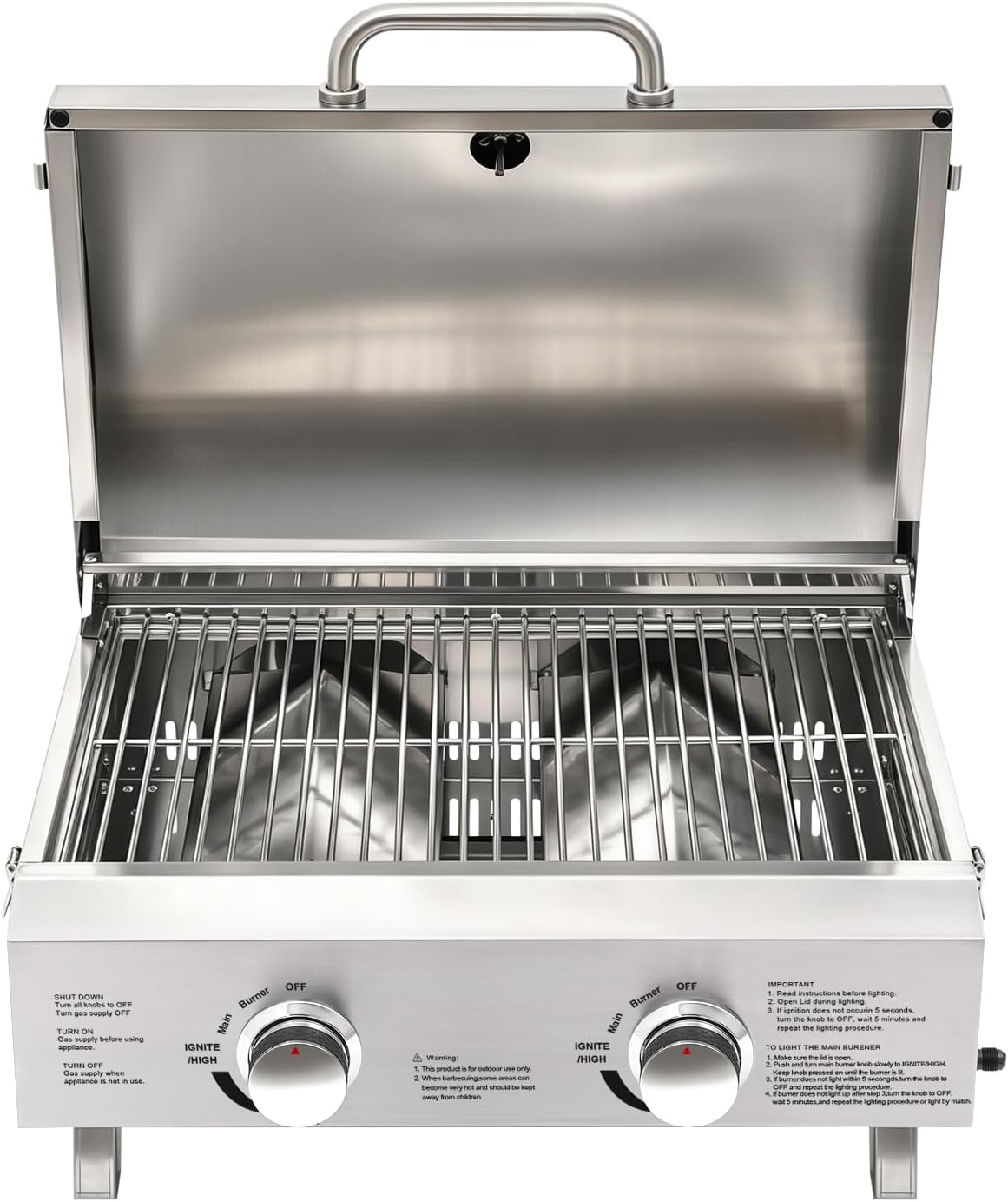 Barbecue a gas da tavolo a 2 bruciatori in acciaio inox, barbecue a gas portatile con termometro, accensione piezoelettrica, piedini pieghevoli per balcone, giardino, campeggio, barbecue, picnic