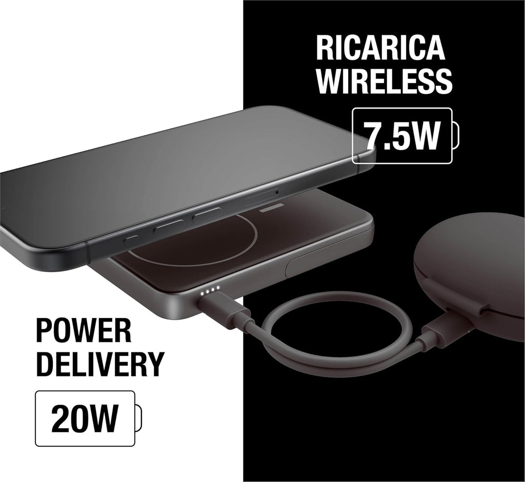 Fresh 'n Rebel Powerbank Magnetico Senza Fili 5000mAh, compatibile con MagSafe, Ricarica Rapida PD 20W, porta USB-C (in/Out), per iPhone 17/16/15/14/13/12, Portatile, con Supporto (Storm Grey)